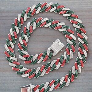 14mm 24inches Cuban Ice Point Curb Diamond Chain Green/Red/Silver Necklace